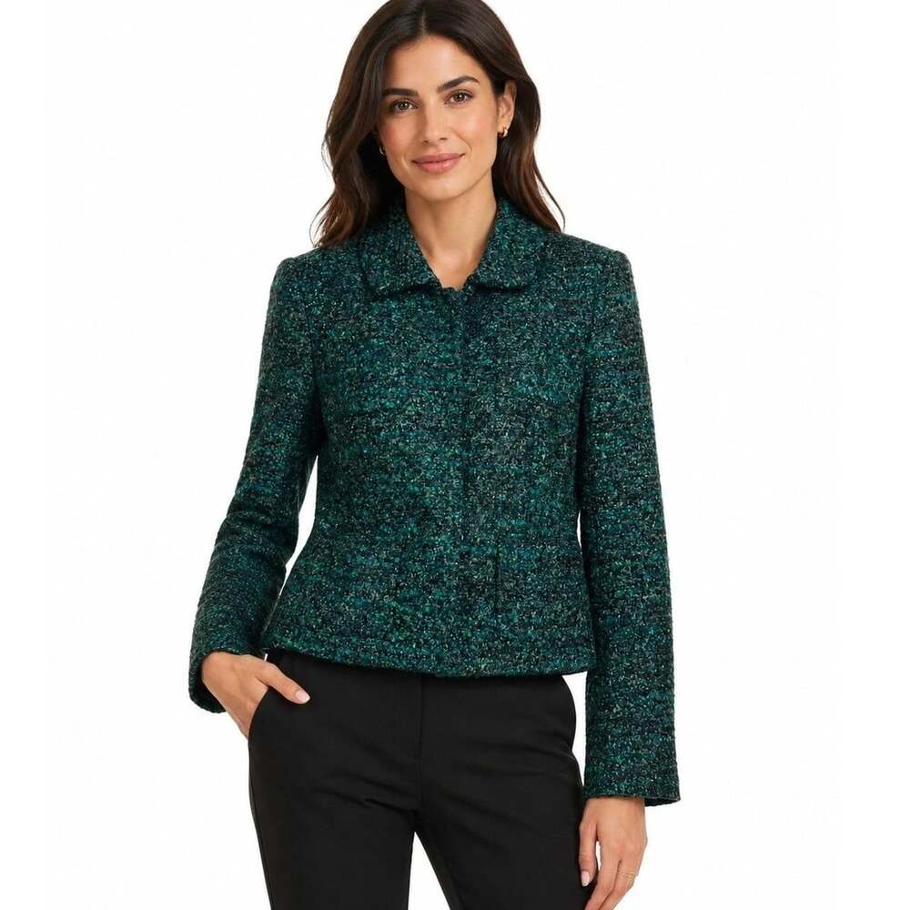 Ann Taylor Jacket Wool Blend Tweed Academia Office Green Textured Blazer Size 2